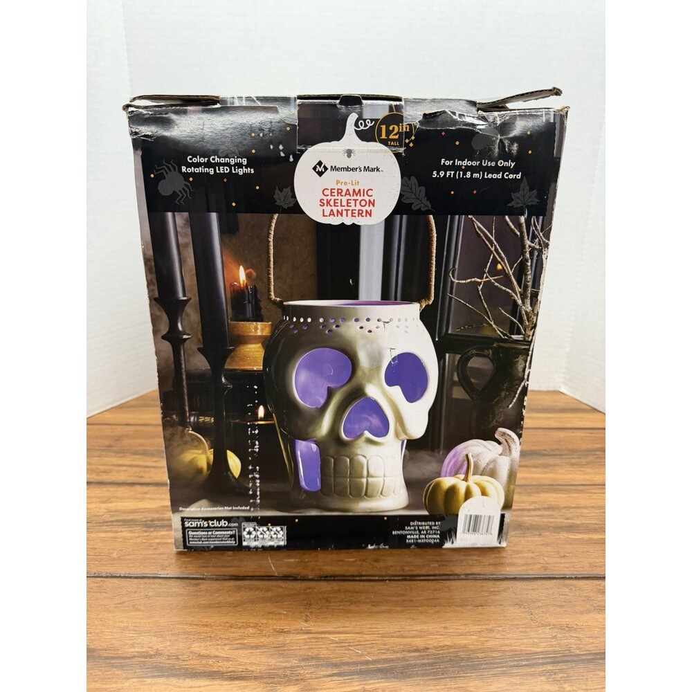 NEW Halloween 12" Color Changing Light Ceramic SKULL Lantern White Member’s Mark